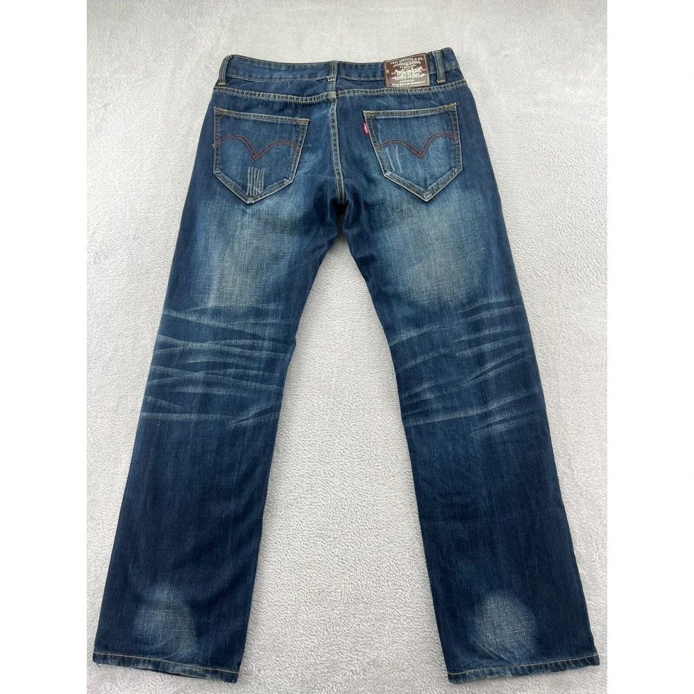 VTG Levi's 505 Jeans Mens Sz 34x32 Dark Wash Gold Stitch Distressed
